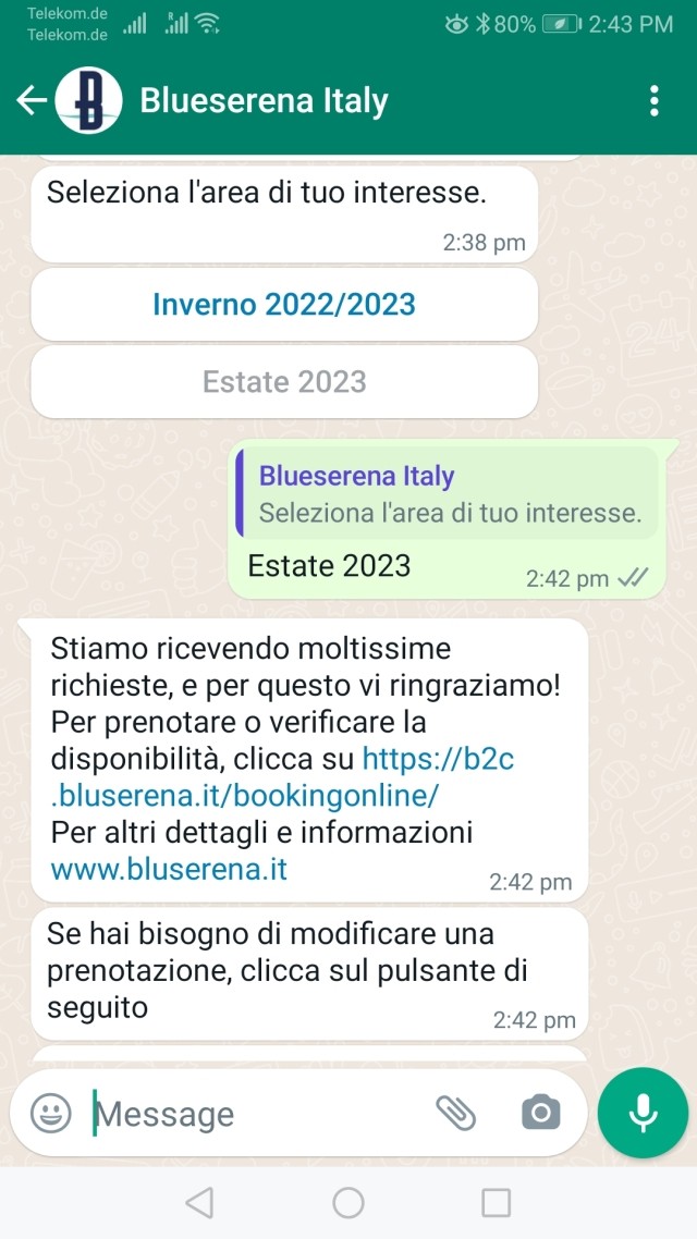 WhatsApp chatbot Bluserena Spa
