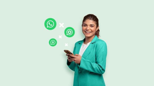 Women with smartphone smiling at icons of WhatsApp, WhatsApp Business and WhatsApp Business Platform