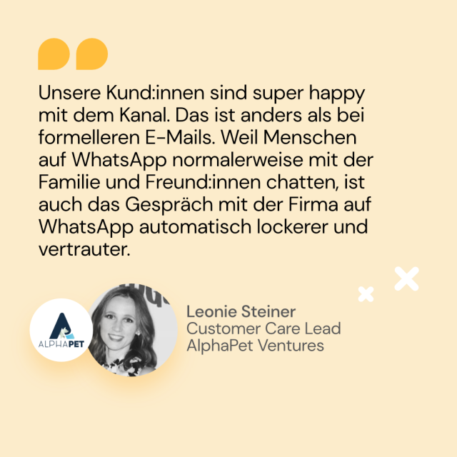 Zitat von Leonie Steiner von AlphaPet Ventures über lockere Gespräche auf WhatsApp
