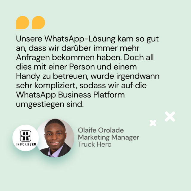 Zitat von Olaife Orolade von Truck Hero über WhatsApp Business Platform