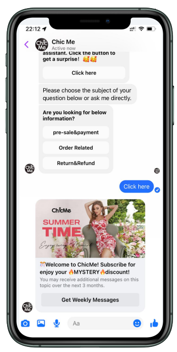 Chat screen showing Chicme newsletter on Facebook Messenger