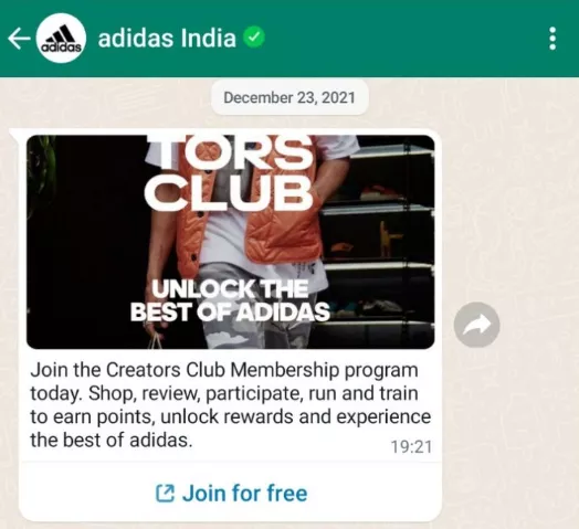 Adidas India, WhatsApp newsletter