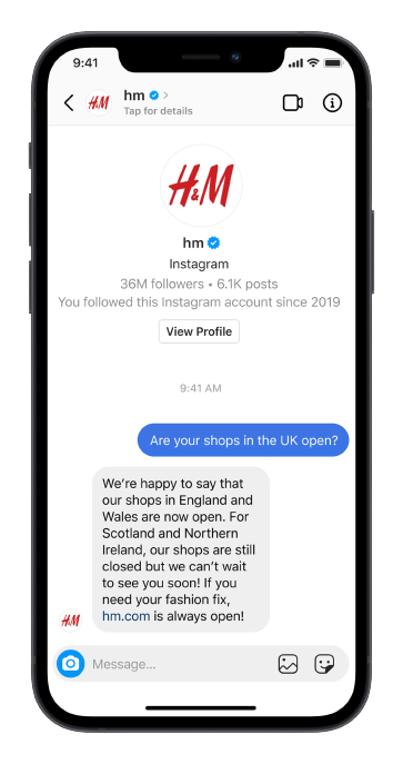 H&M customer service Instagram Direct Messenger API