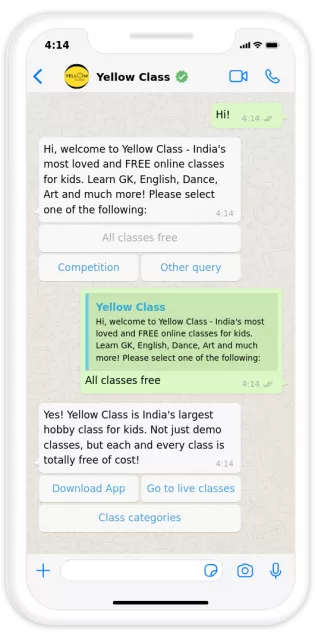 WhatsApp chatbot yellow class, buttons