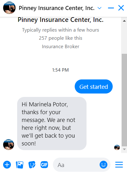 Pinney Insurance Facebook Messenger chatbot