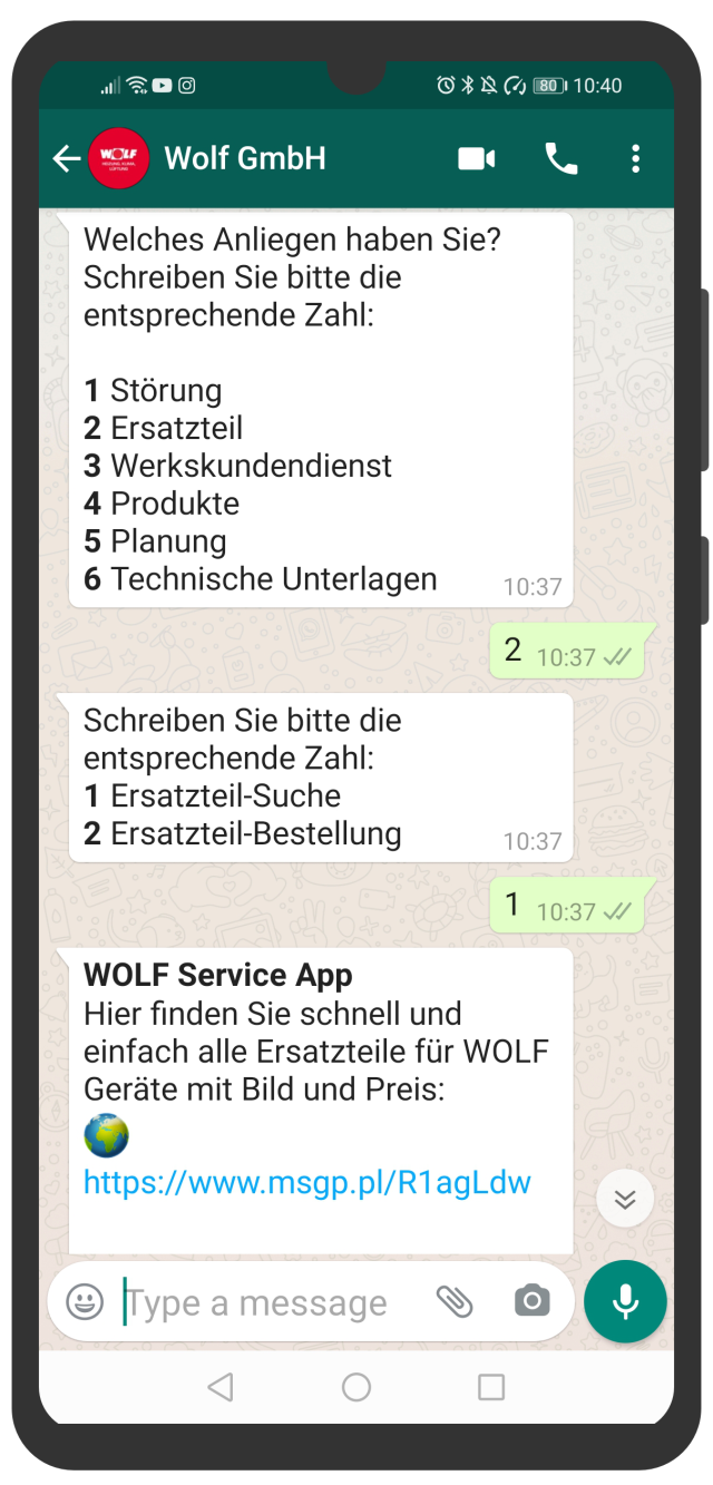 Wolf GmbH WhatsApp Chatbot
