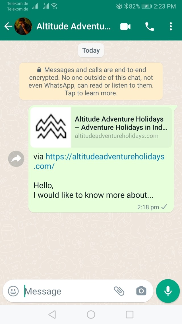 A WhatsApp chat with Altitude Adventures Holidays