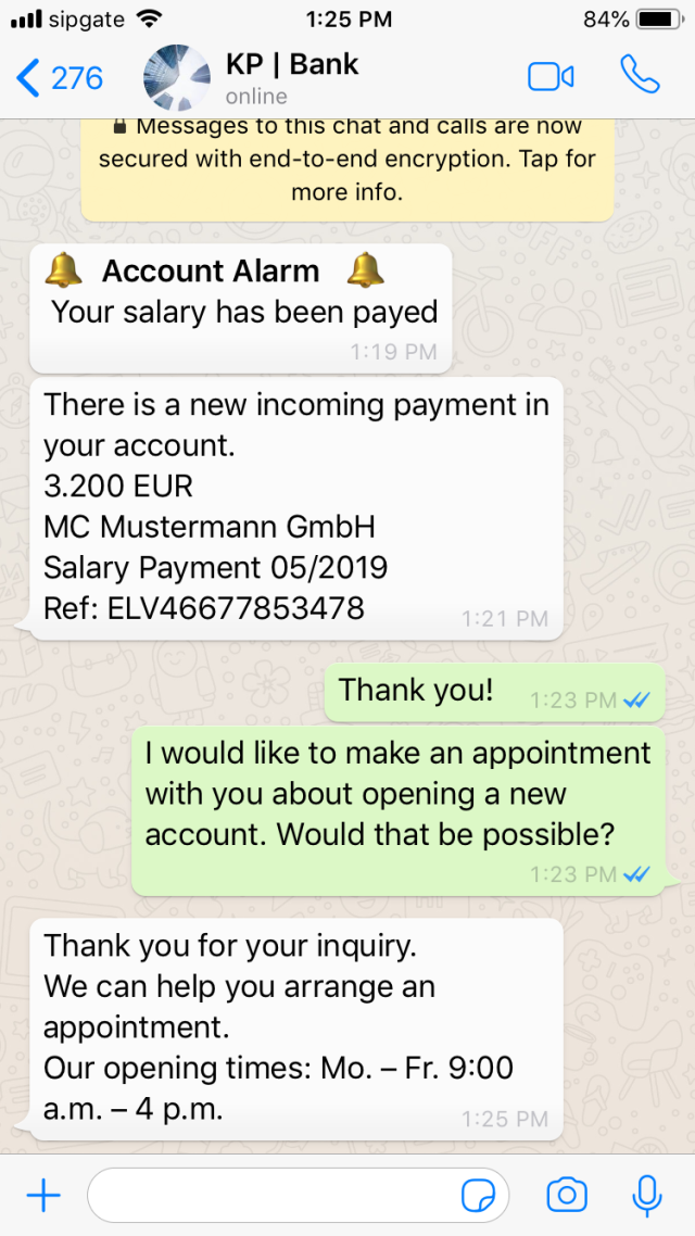 Screenshot of a bank service alert on WhatsApp