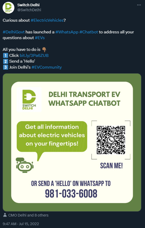 Tweet about Delhi's introduction of a WhatsApp chatbot for EVs