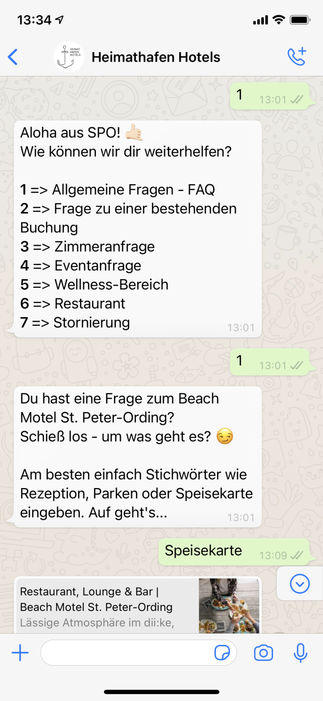 Heimathafen Hotels WhatsApp Chatbot Restaurant
