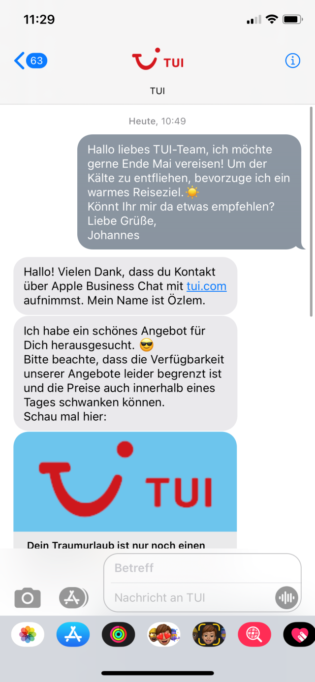 TUI iMessage Apple Messages for Business Newsletter