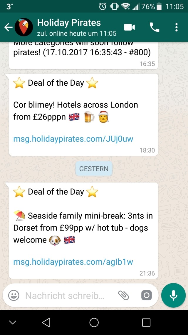 Holiday Pirates WhatsApp message