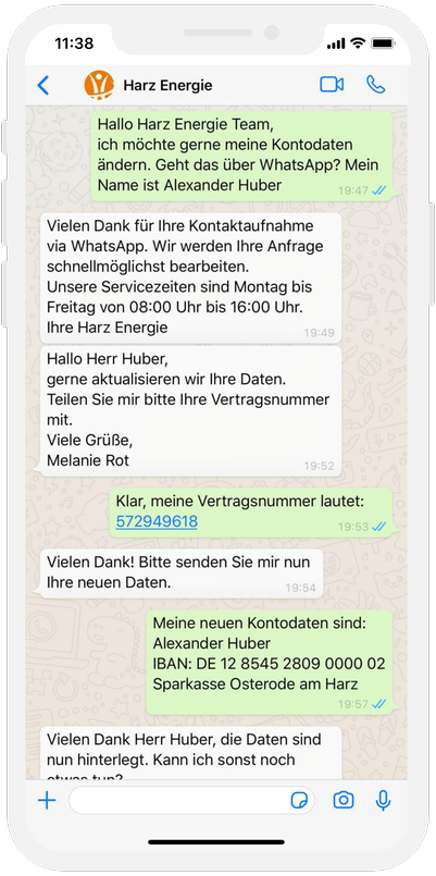 WhatsApp Chat Harz Energie neue Kontodaten