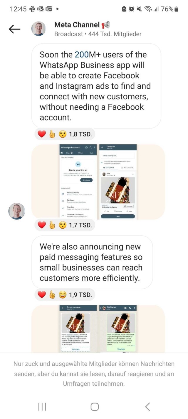 WhatsApp ads announcement Mark Zuckerberg Instagram channel