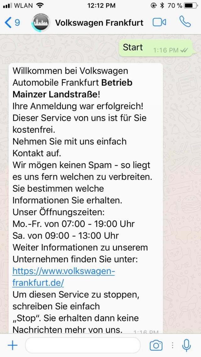 Volkswagen Frankfurt WhatsApp Vorlage Willkommensnachricht