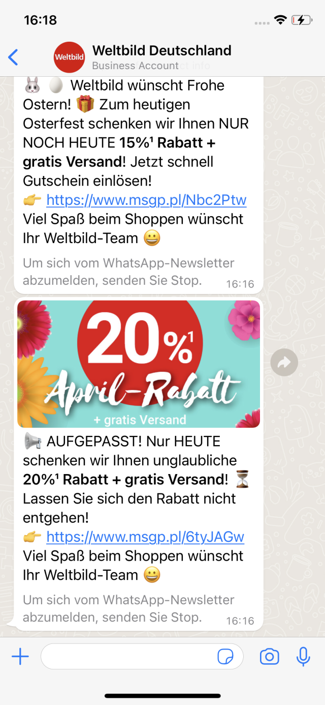 Weltbild WhatsApp Vorlage Marketing Rabatt Ostern