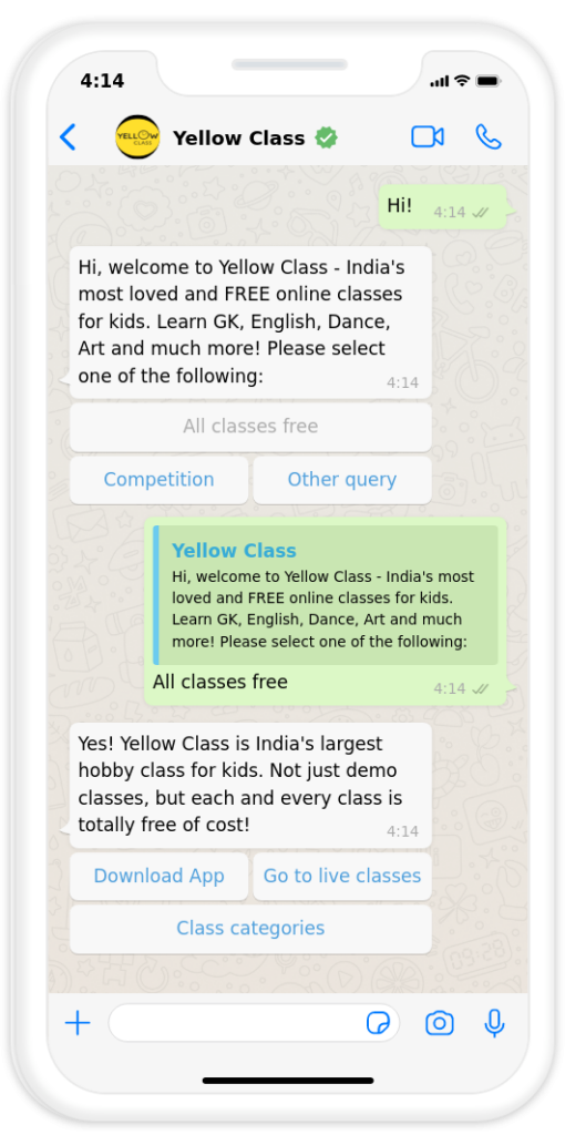 Yellow Class WhatsApp Chat AI Chatbot example