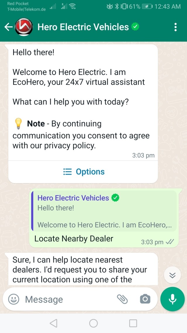 Hero Electric Vehicles Support chatbot WhatsApp 01
