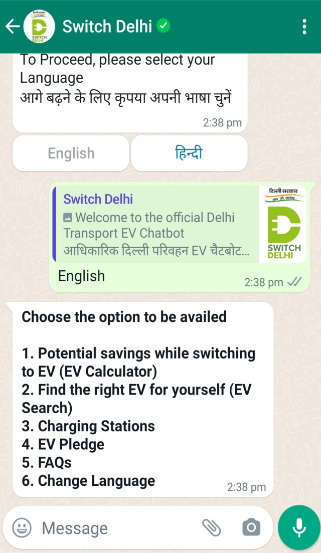 Switch Delhi WhatsApp chatbot EVs