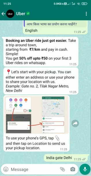 Uber, WhatsApp, India, Chatbot