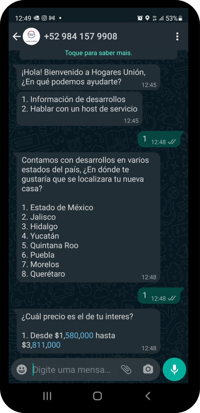 Hogares Union - chatbot on WhatsApp - ESP MX