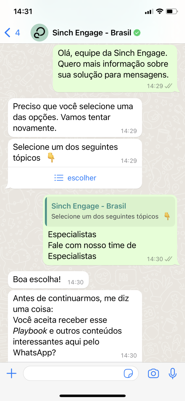 Sinch Engage Brasil WhatsApp chat