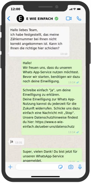 Screenshot Kundenservice per WhatsApp E WIE EINFACH