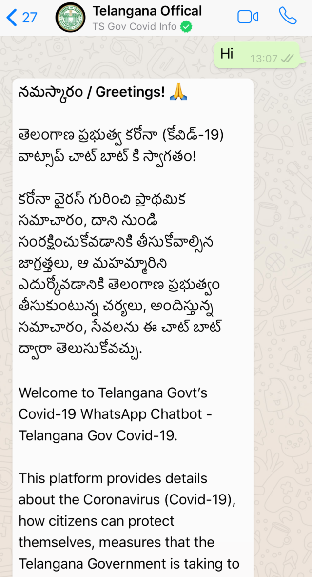 Telangana WhatsApp covid chatbot 1