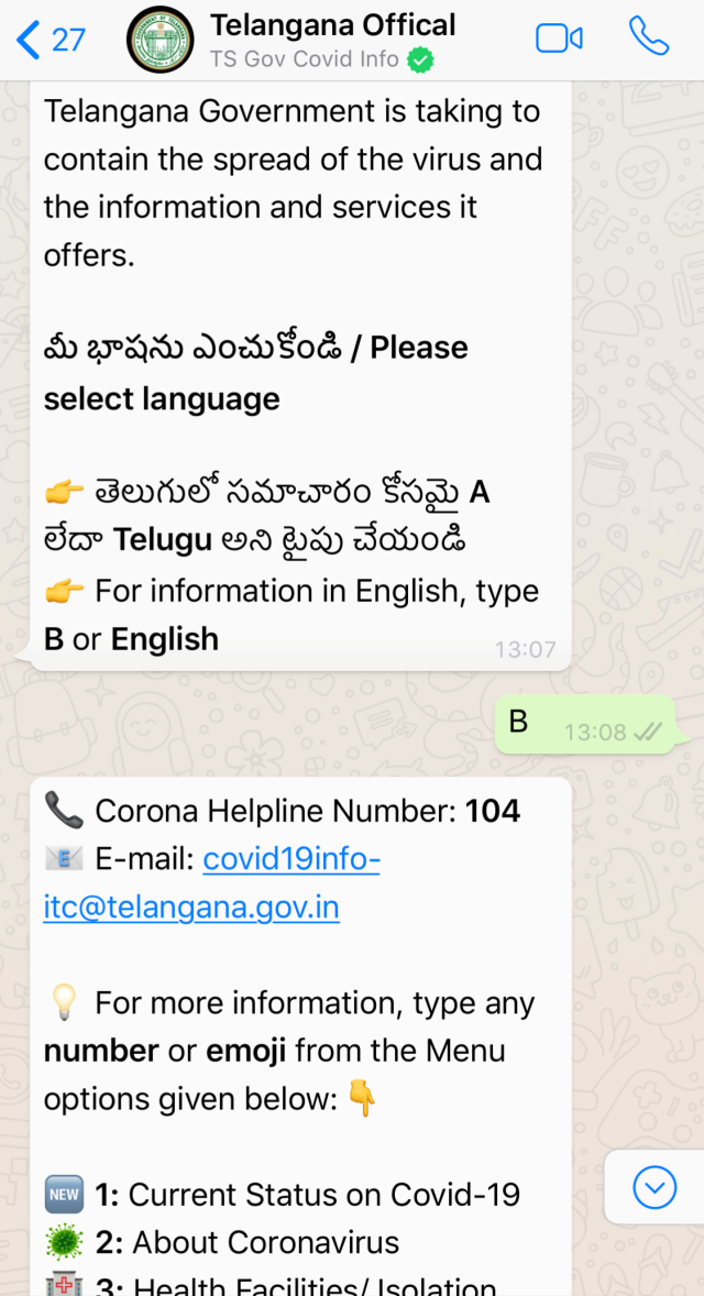 Telangana WhatsApp covid chatbot 2