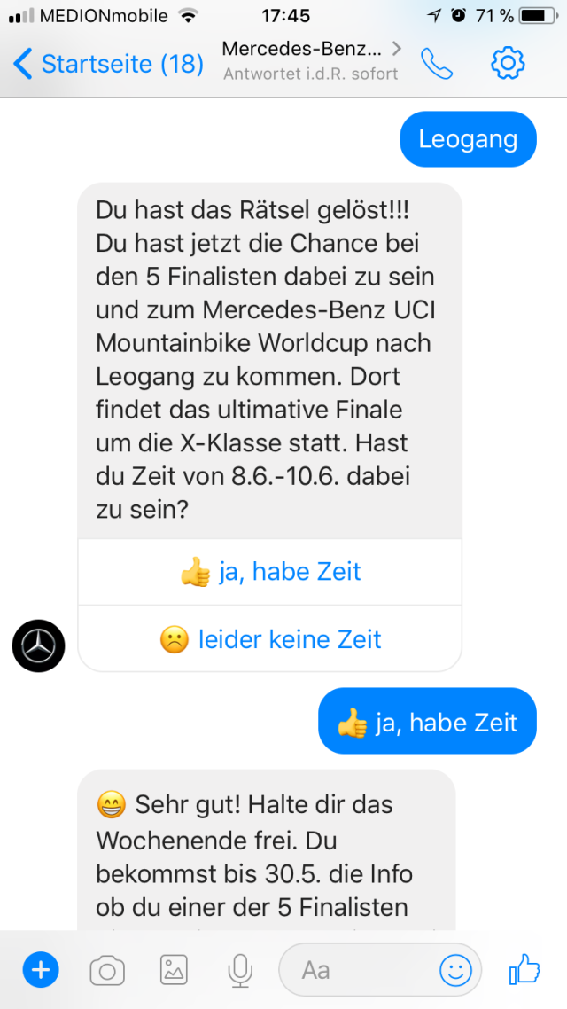 Mercedes X Klasse Facebook Messenger Bot Gewinnspiel