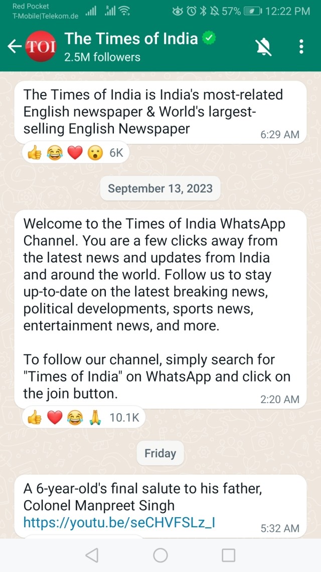 Times of India WhatsApp Channel
