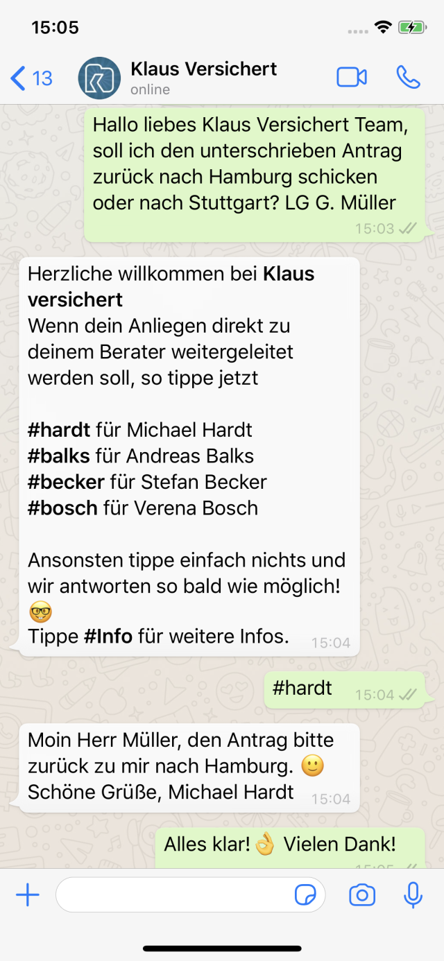 Klaus Versichert WhatsApp chat support 04 DE