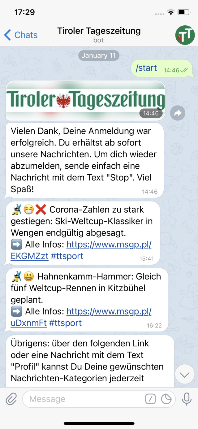 Tiroler Tageszeitung Telegram Marketing newsletter chatbot DE