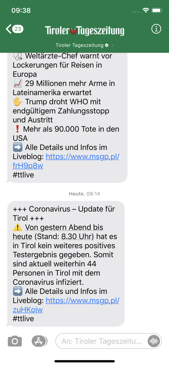 Tiroler Tageszeitung iMessage Marketing newsletter chatbot DE