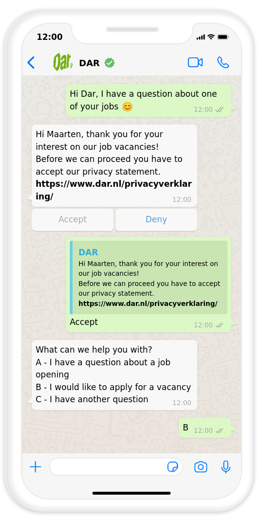 Dar WhatsApp chatbot conversation 1