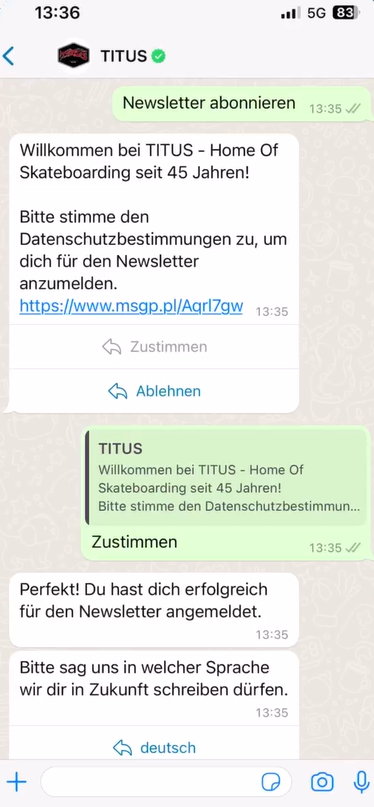 TITUS WhatsApp Marketing Chatbot Newsletter Opt-in DE