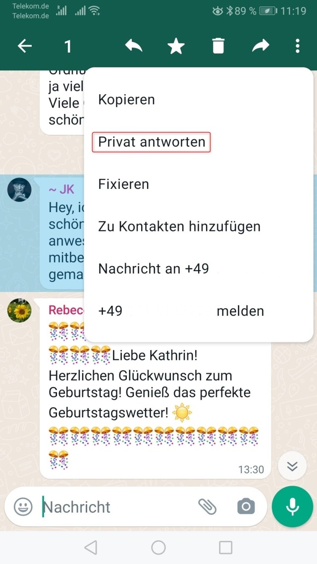 privat auf Gruppenchat WhatsApp antworten