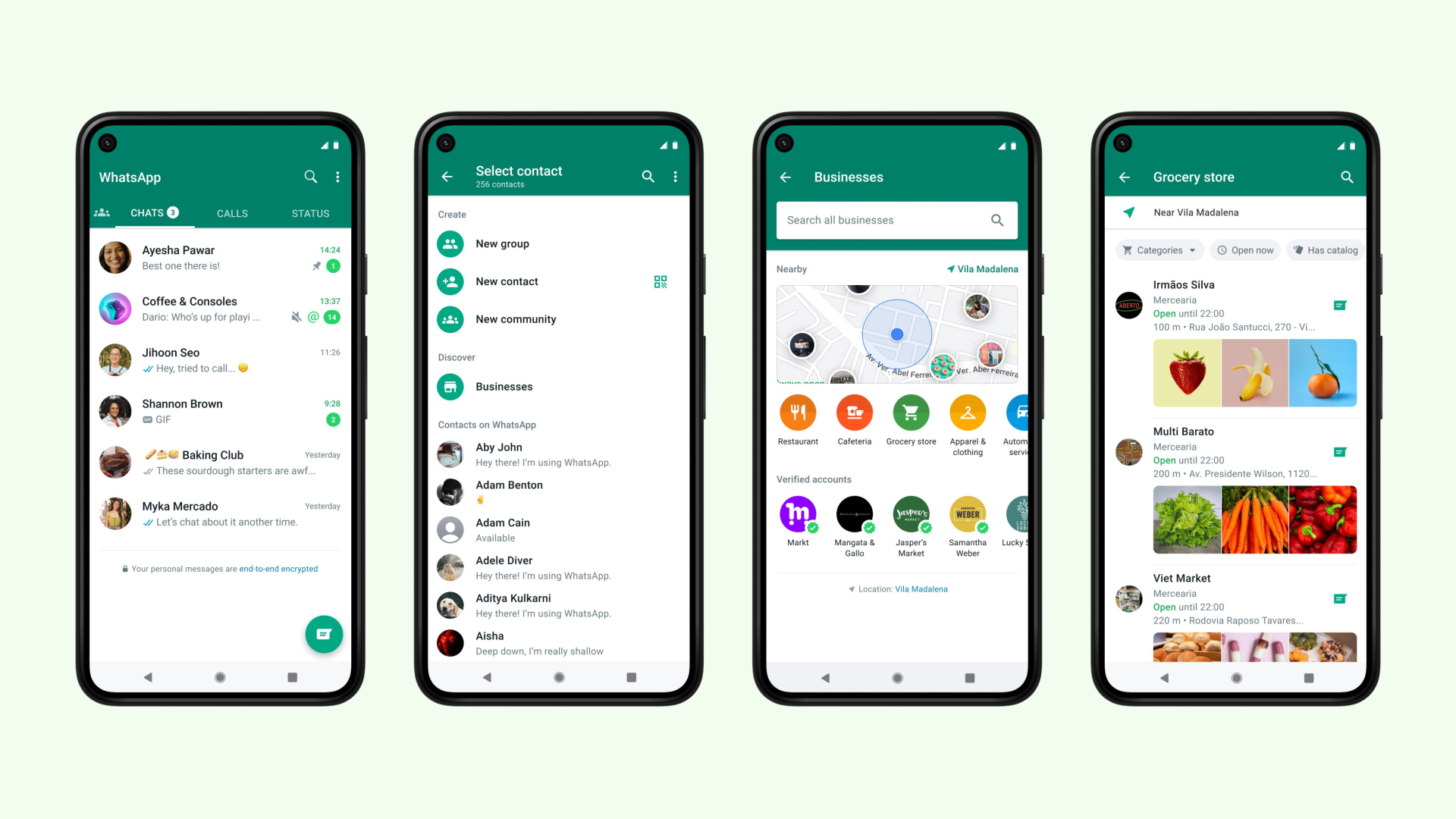 Mock-ups showing Brazilian nearby feature for business directory on WhatsApp