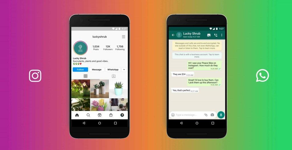 Chat screens showint the WhatsApp button on Instagram