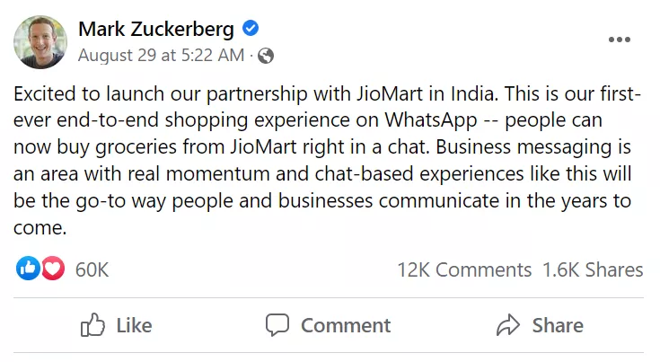 shopping on WhatsApp announcement, Mark Zuckerberg