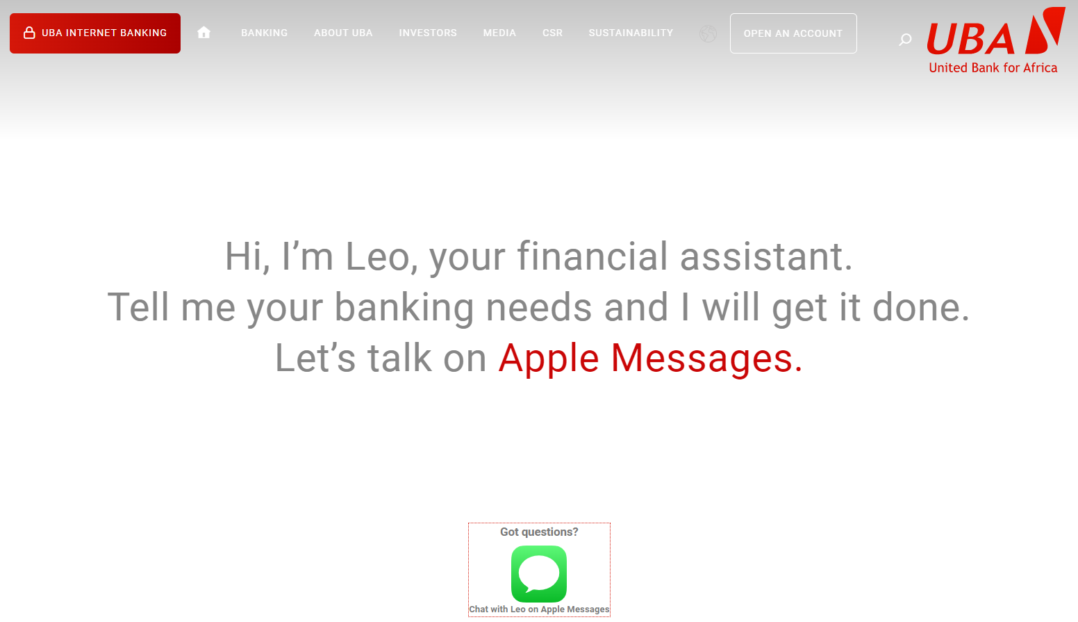 UBA's website showing their contact on iMessage
