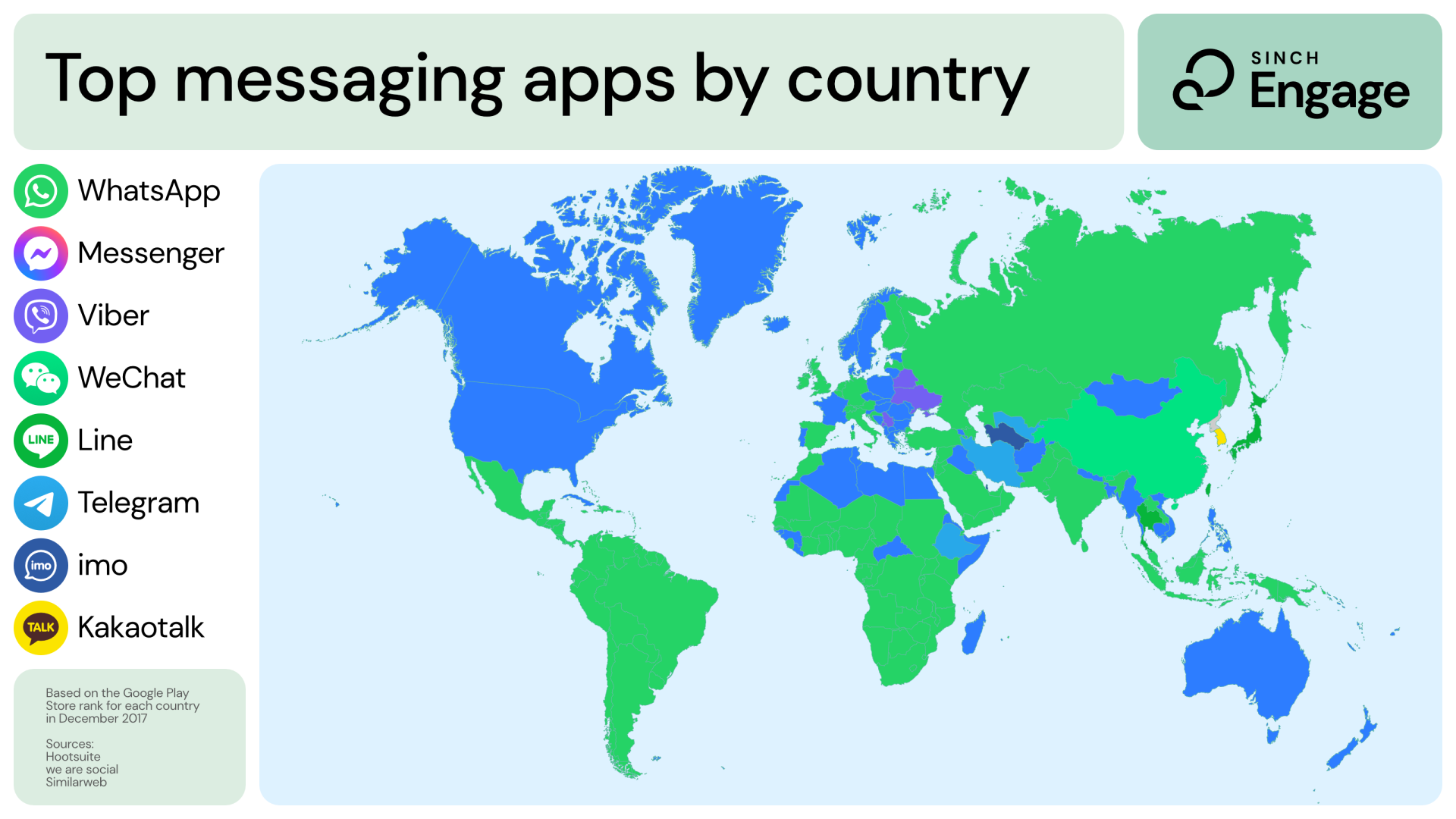 Most popular messaging apps in the world by country map
